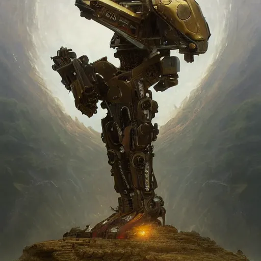 Image similar to epic painting of a realistic four - legged intricate battle robot, rule of thirds, golden ratio, subject in center of frame, trending on artstation, detailed science fiction matte painting by artgerm and greg rutkowski and alphonse mucha,