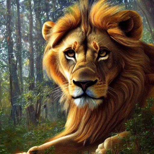 Image similar to A beautiful detailed painting of a lion with the face and wings of an eagle in a magical forest, ray traced sun light, by john sargent and Kalin Popov , Trending on artstation HD.