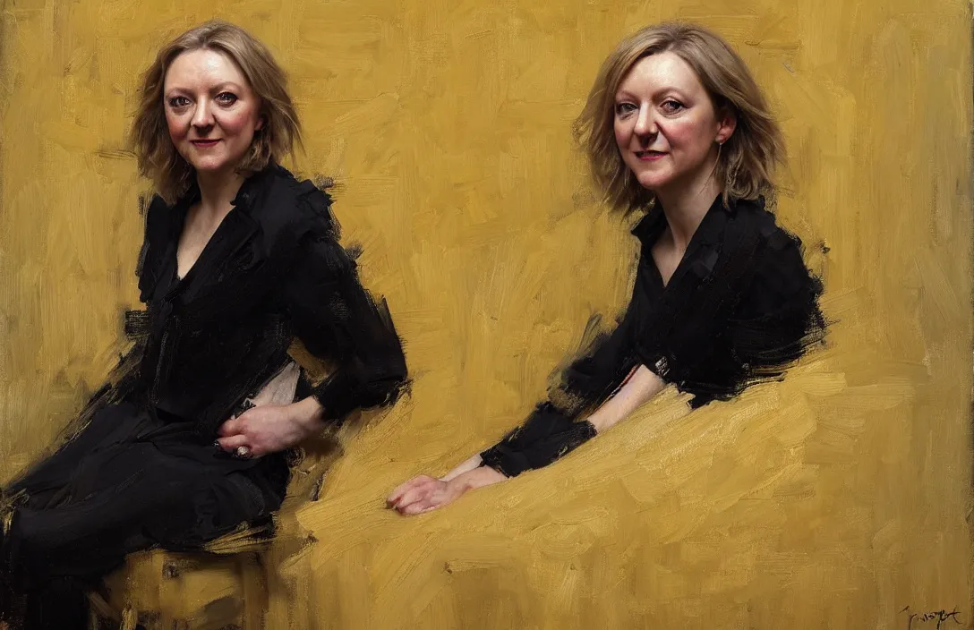 Image similar to portrait of liz truss!!!!!!!!!!!!!!!!!!!!!!!!!!!, detailed face, detailed painting, epic lighting, by ilya repin, phil hale and kent williams