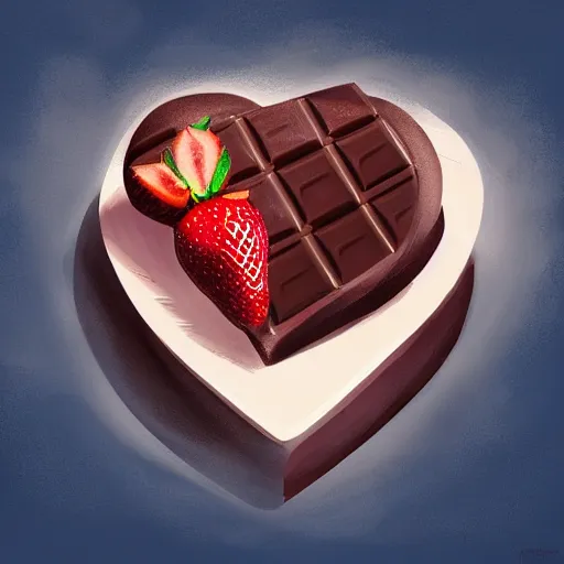 Prompt: A chocolate heart filled with strawberry cream, isometric view, cinematic lighting, extra detailed, digital illustration, by Makoto Shinkai and thomas kinkade, digital painting, Matte painting, trending on artstation and unreal engine