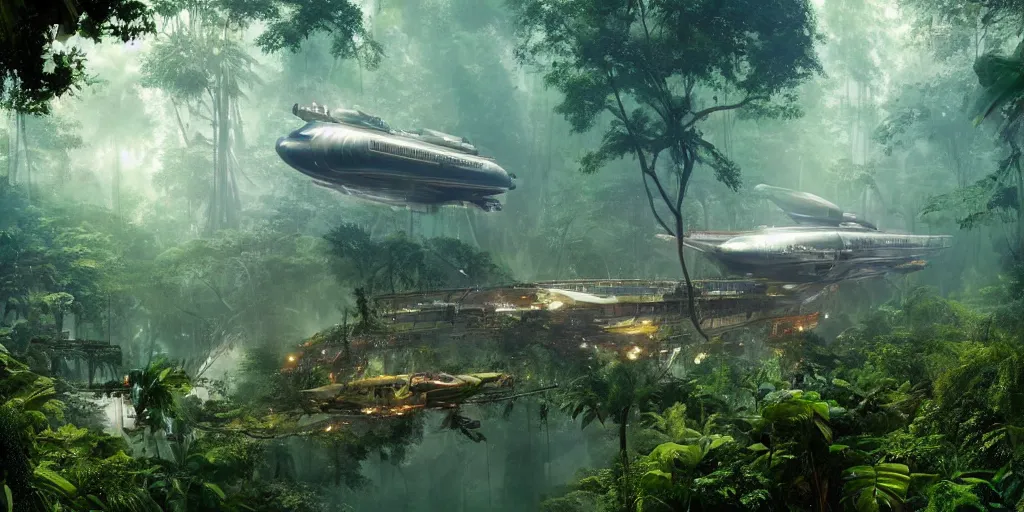 Prompt: avatar airship cyberpunk in the jungle, people repairing ship, industrial maintenance shuttle vehicle vast botanical gardens, forest, jungle, fps, cinematography, photo, photography, 4 k, by greg rutkowski, roger deakins