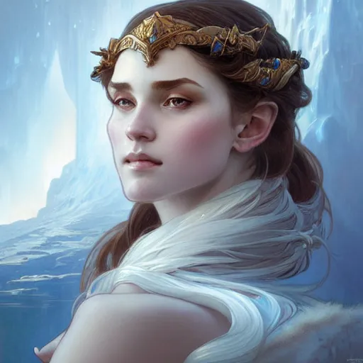 Image similar to portrait of a goddess of ice and earth, half body, perfect face, d & d, fantasy, intricate, elegant, highly detailed, digital painting, artstation, concept art, smooth, sharp focus, illustration, art by artgerm and greg rutkowski and alphonse mucha