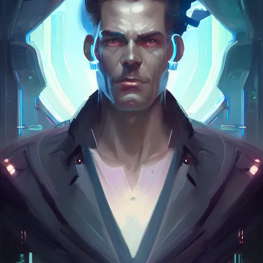 Prompt: a portrait of a handsome cybernetic noir detective, cyberpunk concept art by pete mohrbacher and wlop and artgerm and josan gonzales, digital art, highly detailed, intricate, sci-fi, sharp focus, Trending on Artstation HQ, deviantart, unreal engine 5, 4K UHD image