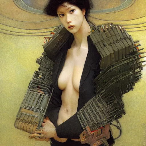 Prompt: masterpiece full body portrait cyborg woman in Tokyo,, by Edgar Maxence and Ross Tran and Michael Whelan and Gustav Klimpt