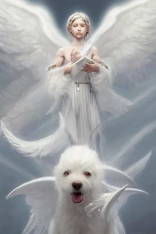 Image similar to a small white dog with angel wings and a halo, highly detailed, d & d, fantasy digital painting, trending on artstation, concept art, sharp focus, illustration, global illumination, ray tracing, realistic shaded, art by artgerm and greg rutkowski and fuji choko and viktoria gavrilenko and hoang lap