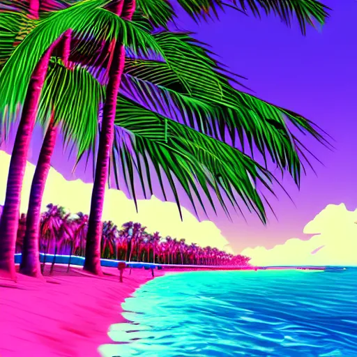 Prompt: synthwave white sand beach with palm trees, day, beautiful, aesthetic, illustration, trending on artstation
