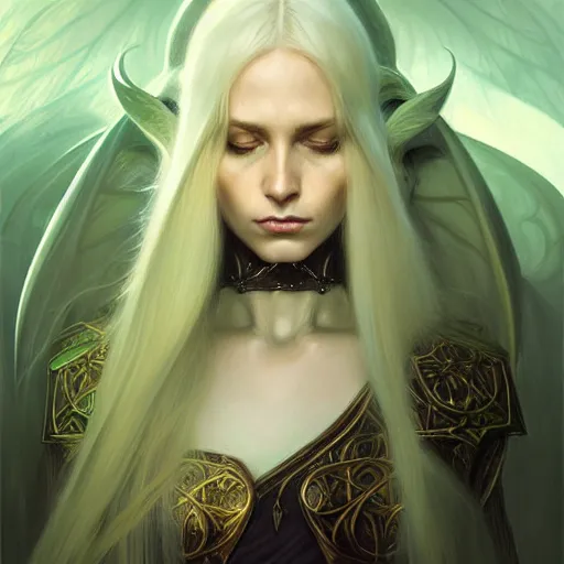 Image similar to Portrait of serious female elven priest, D&D, green eyes, face, long blonde hair, demon wings, fantasy, intricate, elegant, highly detailed, digital painting, artstation, concept art, smooth, sharp focus, illustration, art by artgerm and greg rutkowski and alphonse mucha