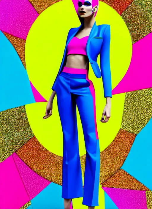 Image similar to bright trouser suit for a rave, bright colors, many details, prints, photo for a magazine, photo for a store, fashion photography, Vogue, 135 mm, cinematic, hyper realism, high detail, 8k, Two models in the frame, dynamic pose,Smooth skin, perfect face