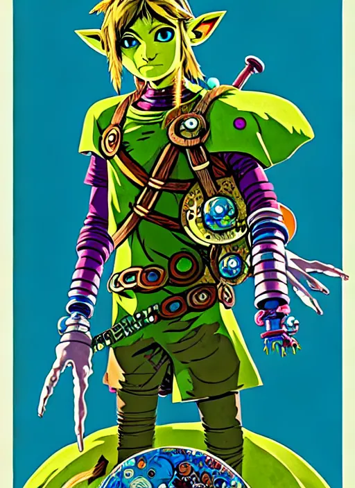 Image similar to biopunk majoras mask link from zelda!! portrait illustration, pop art, splash painting, art by geof darrow, ashley wood, alphonse mucha, makoto shinkai