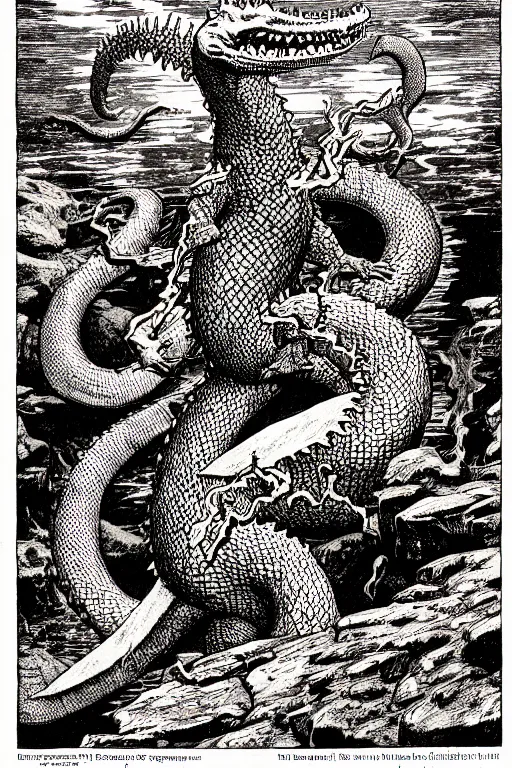 Image similar to ogopogo monster as a d & d monster illustration, full body, pen - and - ink illustration, etching, by russ nicholson, david a trampier, larry elmore, 1 9 8 1, hq scan, intricate details, inside stylized border