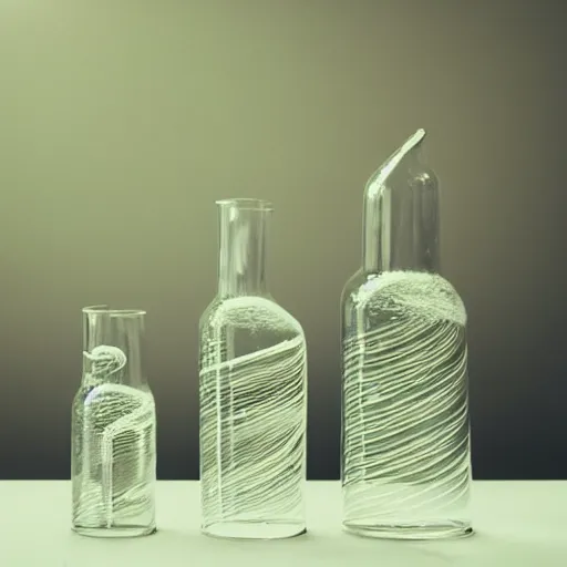 Prompt: chemistry experiment glass tubes, high-key lighting, interesting liquids flow through the spirals