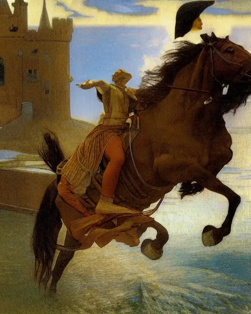 Image similar to Magician riding a horse leaving the castle through the bridge, thunderstorm, beach ocean on the background major arcana sky, by paul delaroche, alphonse mucha, arnold böcklin,hyperrealistic 8k, very detailed, portrait