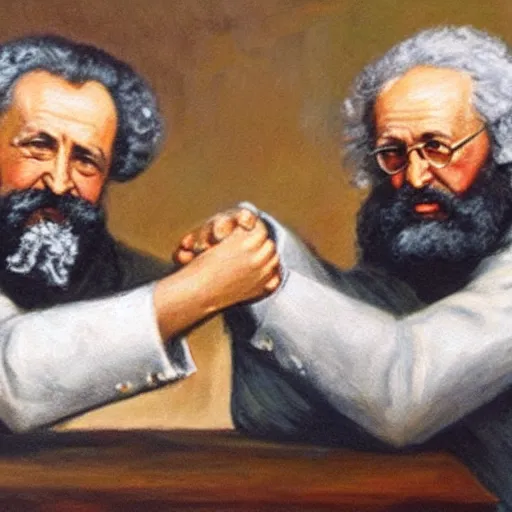 Image similar to oil painting of karl marx and friedrich hayek arm wrestling