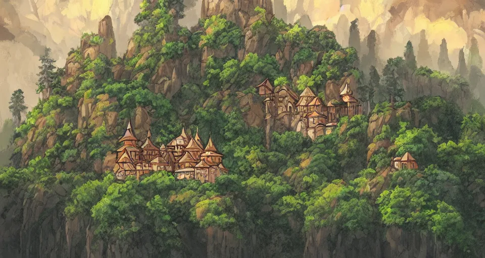 Image similar to view of a monastery on a forested mountain, in the style of studio ghibli, distant, detailed, artstation, award winning painting,