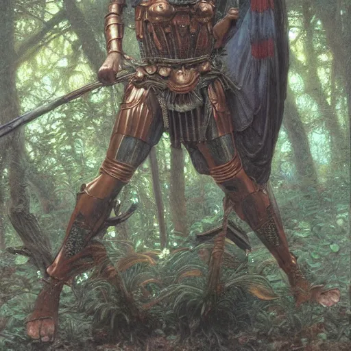 Image similar to a detailed, beautiful oil painting of a warrior wearing intricate, etched copper armor in an ancient forest, by michael whelan, donato giancola, and william adolphe bouguereau