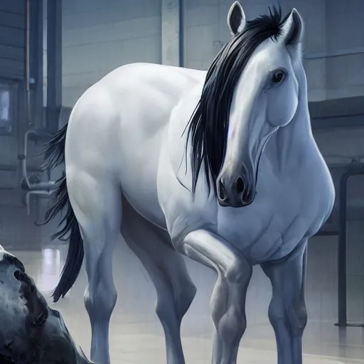 Prompt: splash art of an enormously muscular male anthro horse in a research facility wearing a skintight body armor, long white mane, furaffinity, anthro art, 8 k, unreal engine, by greg rutkowski, makoto shinkai, lois van baarle, ilya kuvshinov, tom bagshaw