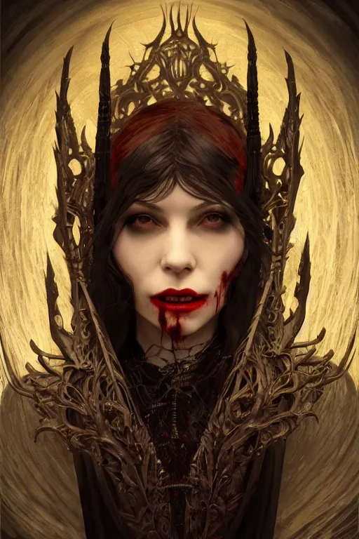 Prompt: portrait of a female vampire, intricate, dystopian terror, fangs, extremely detailed, digital painting, candles, sculpted in zbrush, artstation, concept art, smooth, sharp focus, illustration, chiaroscuro lighting, golden ratio, rule of thirds, fibonacci, incredible art by Stanley Artgerm Lau and Greg Rutkowski, composition by Alphonse Mucha and Simon Stalenhag