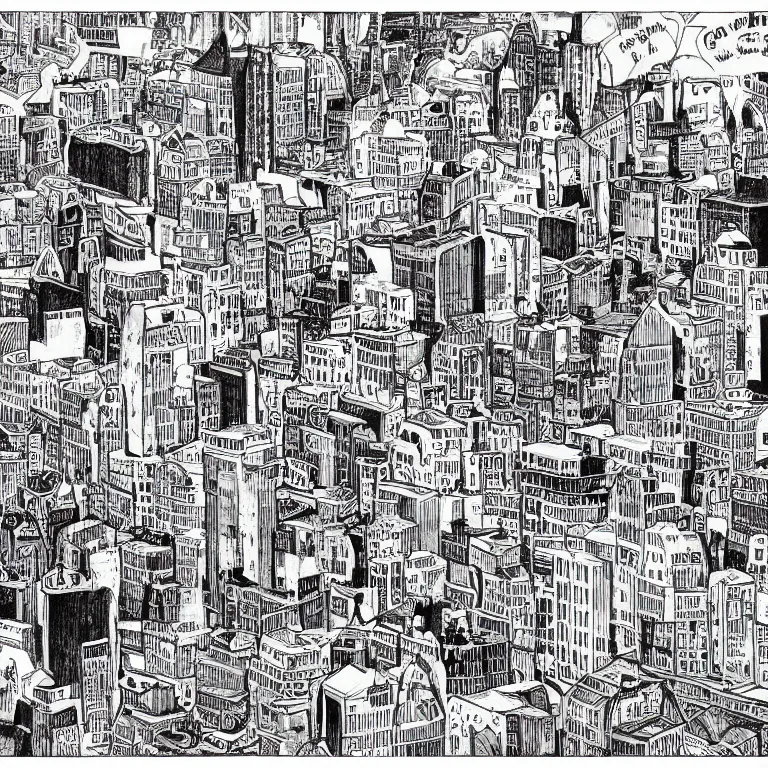 Image similar to a city literally built on rock and roll, trippy black and white comic art