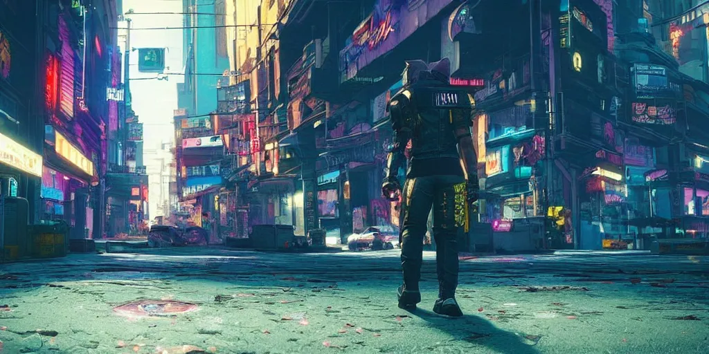 Image similar to “A beautiful photo of a cat walking in the streets of night city, cyberpunk 2077”