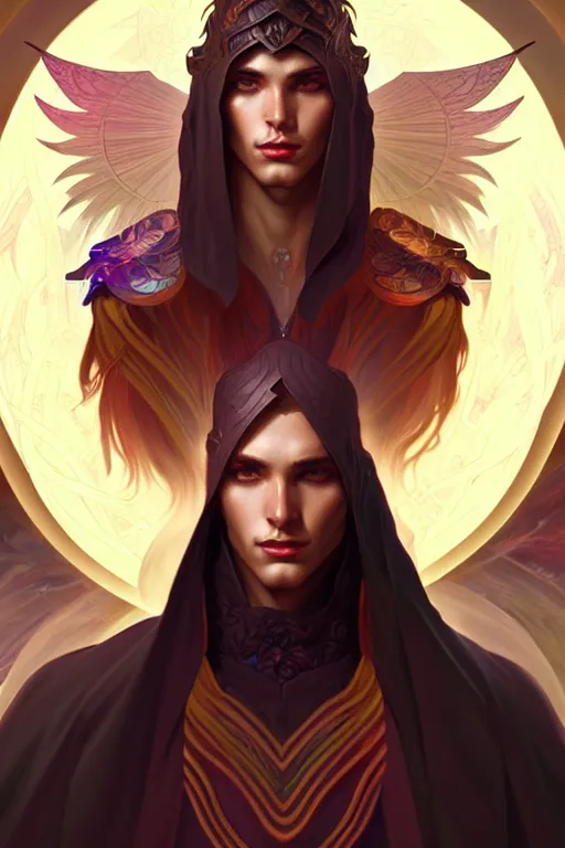Prompt: male aasimar warlock, highly detailed, digital painting, artstation, sharp focus, illustration, art by tan zi and ayanamikodon and alphonse mucha and wlop