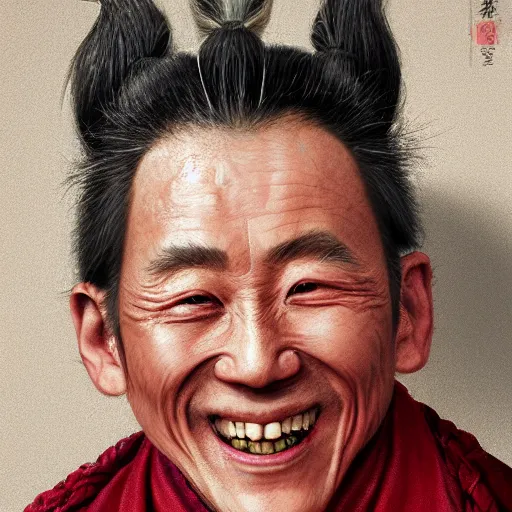 Prompt: portrait painting of a 6 0 year old smile handsome taoist priest, silver ponytail hair, amiable by yangjun chen, huang guangjian, fenghua zhong, wenjun lin, nadar, bright colors, octopath traveler, unreal engine 5 highly rendered, global illumination, radiant light, detailed and intricate environment