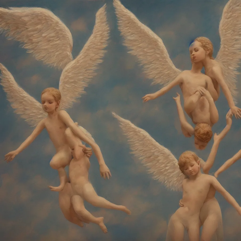 Prompt: siamese twins flying in the sky with angelic wings, hyperrealistic, painting, reinascence style, award wining