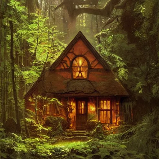 Image similar to witch cottage in the forest, art by norman rockwell and donato giancola and greg rutkowski, vintage scifi art, moody lighting, volumetric lighting