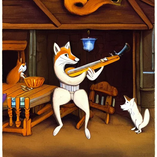 Prompt: An anthropomorphic fox playing the lute in a tavern full of anthropomorphic animals, by Ken Anderson and Don Bluth