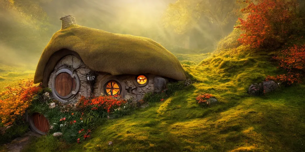 Image similar to a hobbit cottage on top of a steep hill, highly detailed, autumn sunlights, smoky atmosphere, ( ray of sunlight ), trending on artstation, photorealism, canon 5 d, 3 5 mm lens, sharp details, 8 k, ultra wide angle, zenith view, lens effect