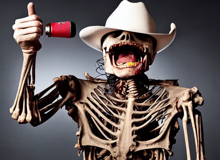 Image similar to an enraged cowboy skeleton man screaming into a microphone while kicking over piles of soda cans in a rundown radio station studio