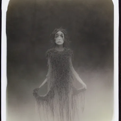 Prompt: an ancient evil-girl on a mysterious fractal forest, mist, 1910 polaroid photography, grainy film, Black and white