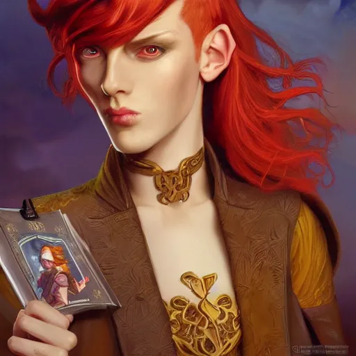 Image similar to dnd character portrait of a beautiful and androgynous half - elf with messy short red hair and catlike features and almond skin tone and yellow eyes with slit pupils, golden hour, wearing a colorful men's suit, realistic painting by ross tran and tasha beckwith and gerald brom and alphonse mucha, trending on artstation