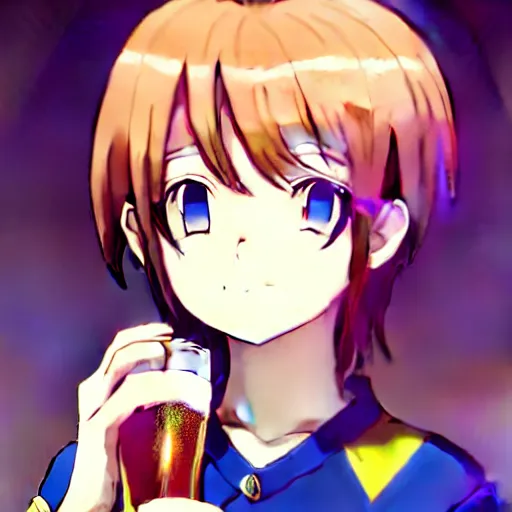 Image similar to Wholesome and masculine looking anime girl at a bar drinking a beer, warm glow from the lights, angle that looks up at her from below, deviantart, pixiv, detailed face, smug appearance, beautiful anime, detailed anime eyes with pupils, in the style of 90s anime, heavy focus on 90s and early 2000s style of anime, Sailor Moon style