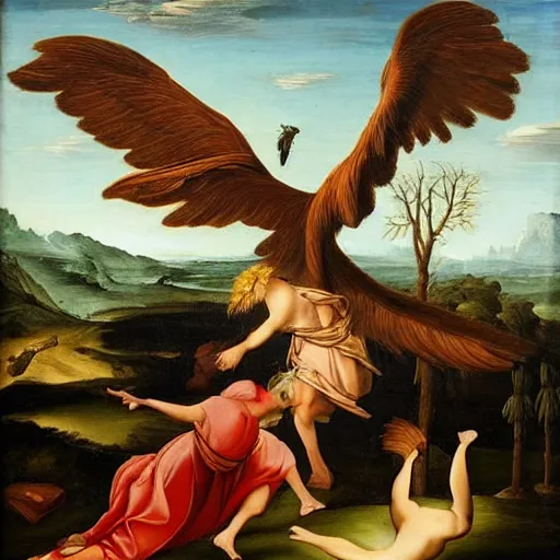 Prompt: large monster bird harasses people, renaissance painting
