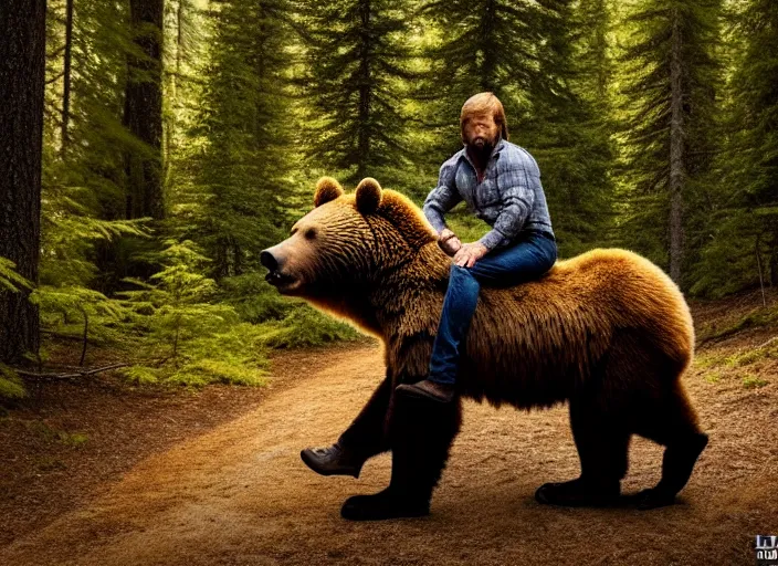 Prompt: photo of chuck norris riding his grizzly bear, in the forest. fantasy magic style. highly detailed 8 k. intricate. life - like. soft light. sony a 7 r iv 5 5 mm.