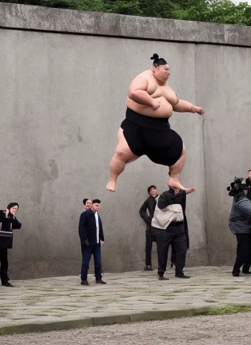 Image similar to A Sumo wrestler jumps 10 feet into the air over the berlin wall made of harry potter's village