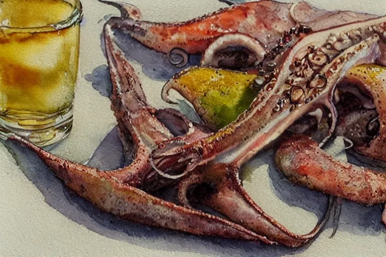 Prompt: delicious hot plate whole squid and a glass of cider, watercolor, detailed