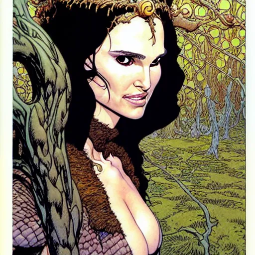 Prompt: a realistic portrait of natalie portman as a druidic wizard by rebecca guay, michael kaluta, charles vess and jean moebius giraud