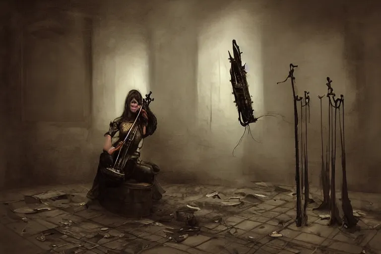 Image similar to still life painting, musical instument alone - a lute with smoke wisping up from its smoldering string, cursed baroque with ebony inlay, designed by brian froud and hr giger leans against the wall alone, abandoned. an empty brutalist chamber, lonely, somberlate afternoon lighting cinematic fantasy painting by jessica rossier