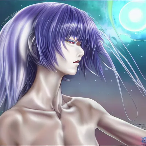 Prompt: Rei Ayanami female anime character, technological big shiny silver liquid chrome rings, inside an otherworldly planet, closed eyes, long silky thick gorgeous clean hair flowing on the wind, female goddess born from the cosmics, alternate universe, shot from the ground by Yoshiyuki Sadamoto, otherworldly experimental environment concept, digital art, trending on artstation, low level, 4K UHD image, octane render, Howl's Moving Castle, tranquil divine observer Nymph by ismail inceoglu nicola samori dragan bibin hans thoma greg rutkowski Alexandros Pyromallis Nekro, Jeffrey Smith, Surrealism, Rene Margitte illustrated, official anime key media, 8k, Sharp, zdzisław beksiński, highly detailed