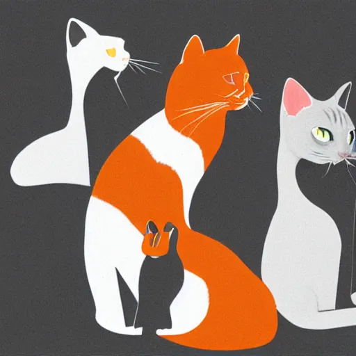 Prompt: An orange cat, a gray cat, a spotted white and gray cat, and a siamese cat sitting side-by-side facing us, cinematic atmosphere, art by Arist Deyn.