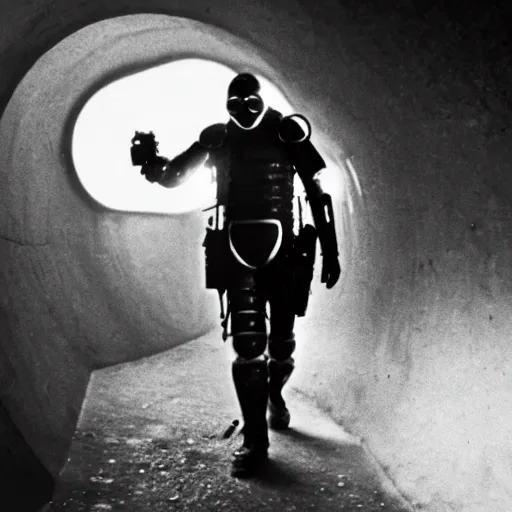 Image similar to a heavily armored man wearing a gasmask, walking through dark tunnel, holding glowing lantern, film still, arriflex 3 5