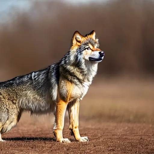 Prompt: professional full - body side profile photograph of a slightly fluffy light tan tibetan wolf with brown accents, hd, 8 k, highly detailed, high quality, cute