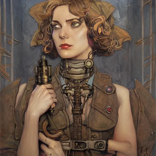 Image similar to a dieselpunk painting in the style of donato giancola, and in the style of charlie bowater, and in the style of charles dulac. symmetry, smooth, sharp focus, semi - realism, intricate detail.