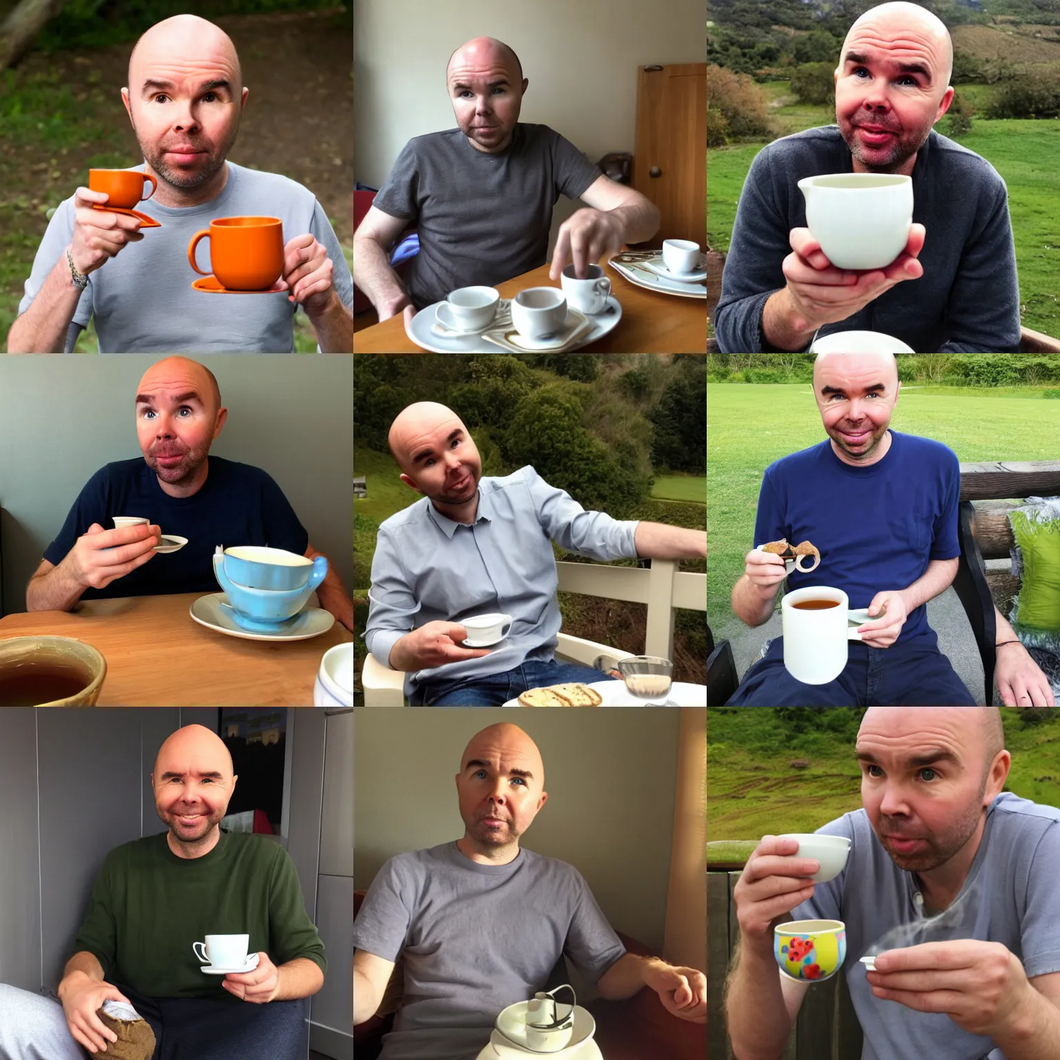 Prompt: karl pilkington enjoying his morning tea