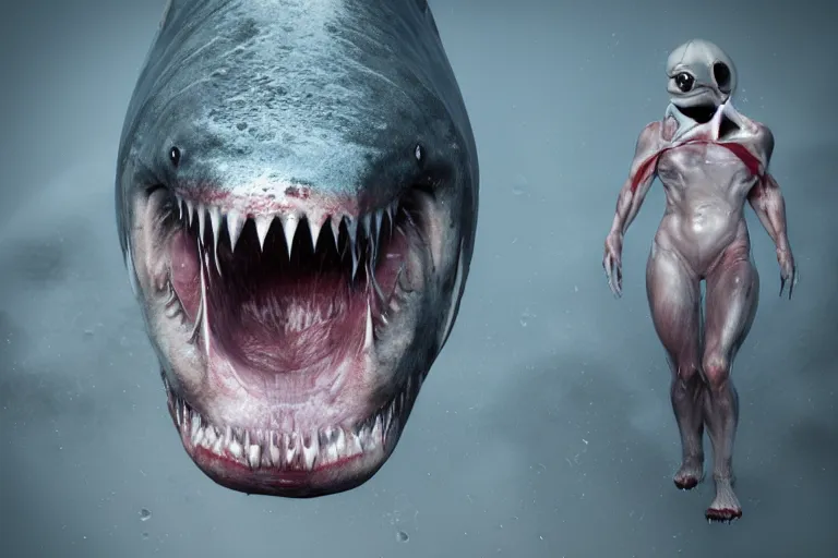 Image similar to half human half shark made of muscles and flesh, very angry, teeth, ambient light, terror, glows, realistic, photo - realism, hyper realism, picture, detailed, 3 d render, scary, distant shot, in the distance,
