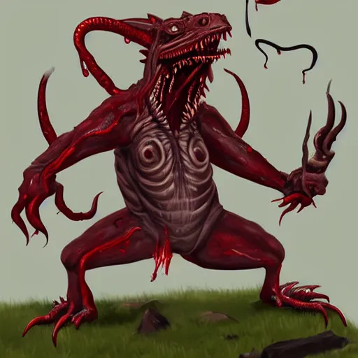 Image similar to big butcher anthropomorphic male lizardfolk posing scarily, scary angry pose, bloody, covered in blood, fresh kill, cleaver, in a cave, earie setting, lovecraft eldritch horror, hyperdetailed, furaffinity, anthro art