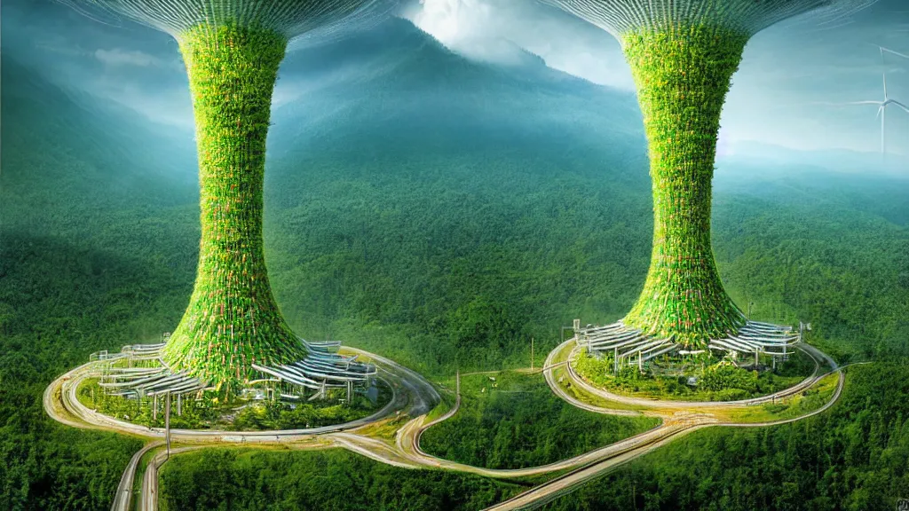 Image similar to Clean, Cheap Abundant,Nuclear Energy Future, Forest in Harmony with Nature; Location: Quito, Ecuador; by Vincent Callebaut; by Simon Stålenhag; retro-futuristic ; retro natural-futurism;