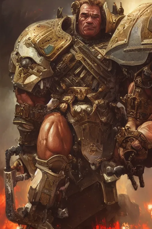 Image similar to arnold schwarzenegger as a warhammer ork boss, highly detailed, digital painting, artstation, concept art, sharp focus, illustration, art by artgerm and greg rutkowski and alphonse mucha