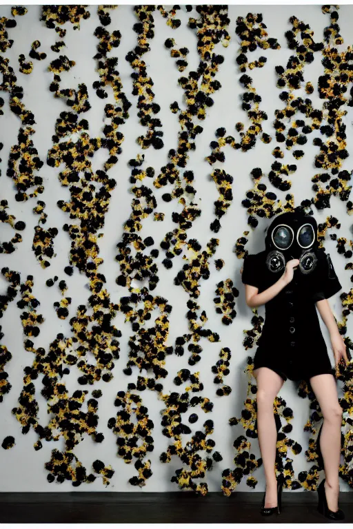 Image similar to a surreal portrait of a woman wearing gas mask falling into a wall of black flowers in the style of brooke didonato, editorial fashion photography from vogue magazine, full shot, nikon d 8 1 0, ƒ / 2. 5, focal length : 8 5. 0 mm, exposure time : 1 / 8 0 0, iso : 2 0 0